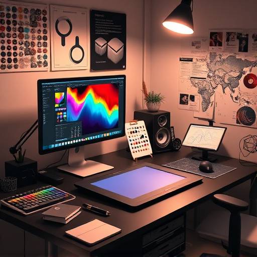Espace de travail de design graphique avec un ordinateur, une tablette graphique, des palettes de couleurs et des outils de dessin