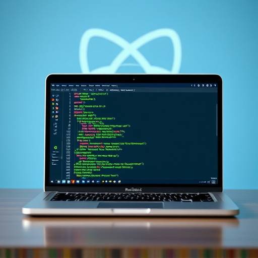 Un ordinateur portable affichant du code React avec le logo React en arrière-plan, symbolisant le développement web moderne.